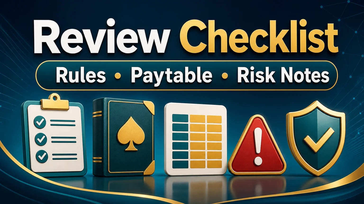 Illustration reading Review Checklist with rules, paytable, risk notes, checklist, warning triangle, and shield icons