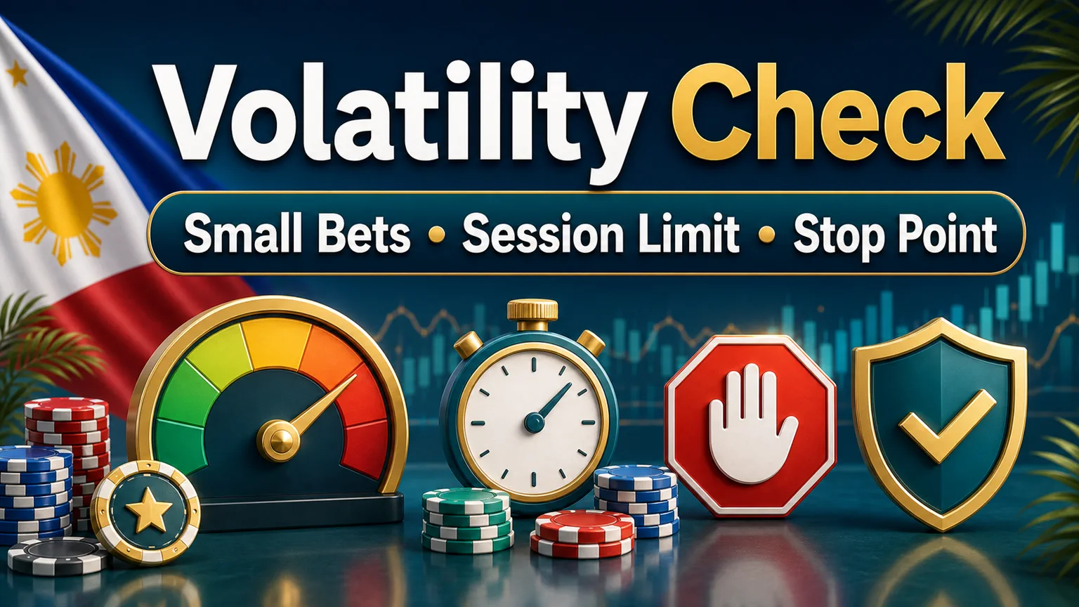 Illustration reading Volatility Check with small bets, session limit, stop point, meter, timer, and shield icons