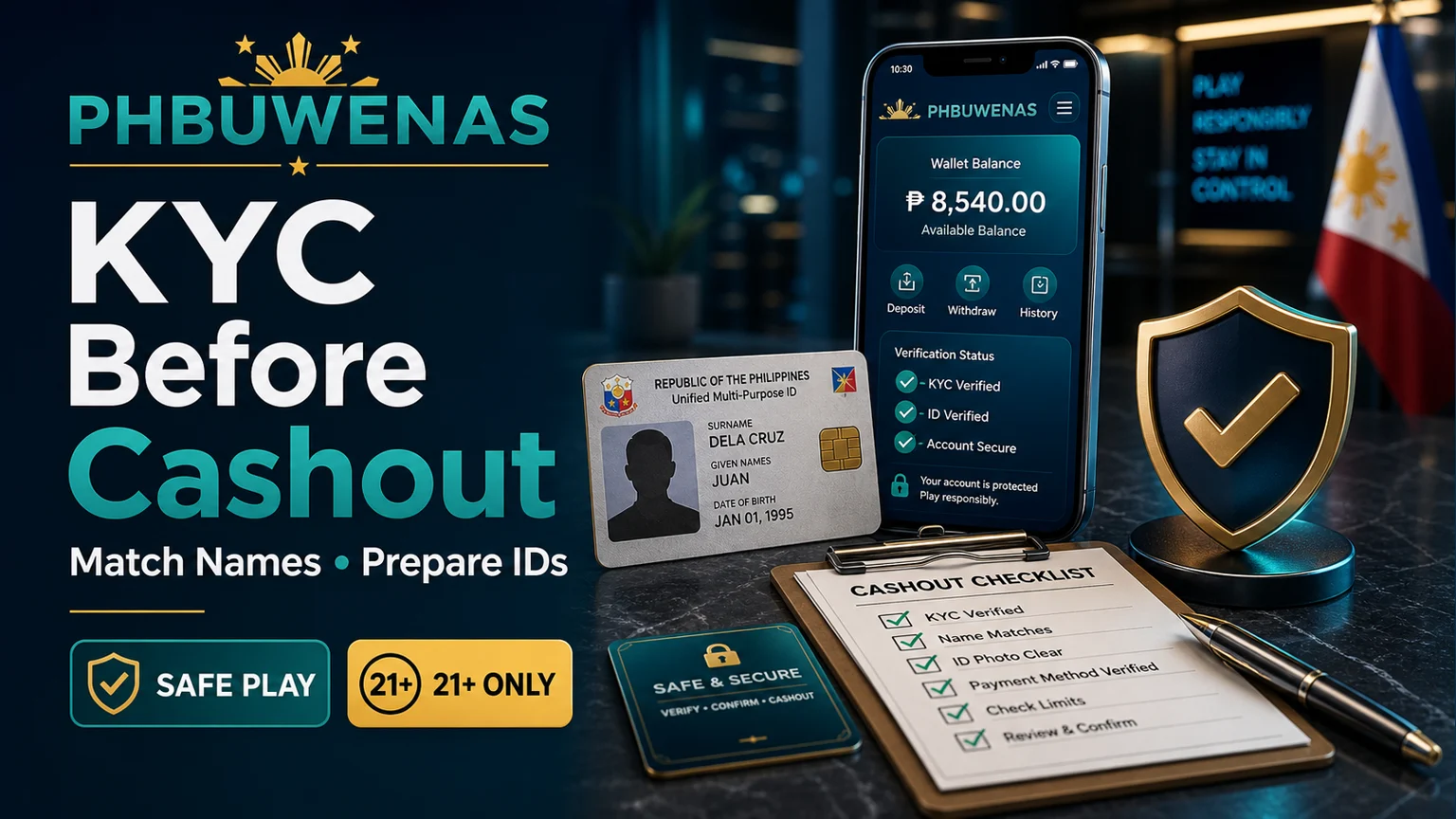 Illustration reading KYC Before Cashout with ID card wallet match checklist timer and shield icons