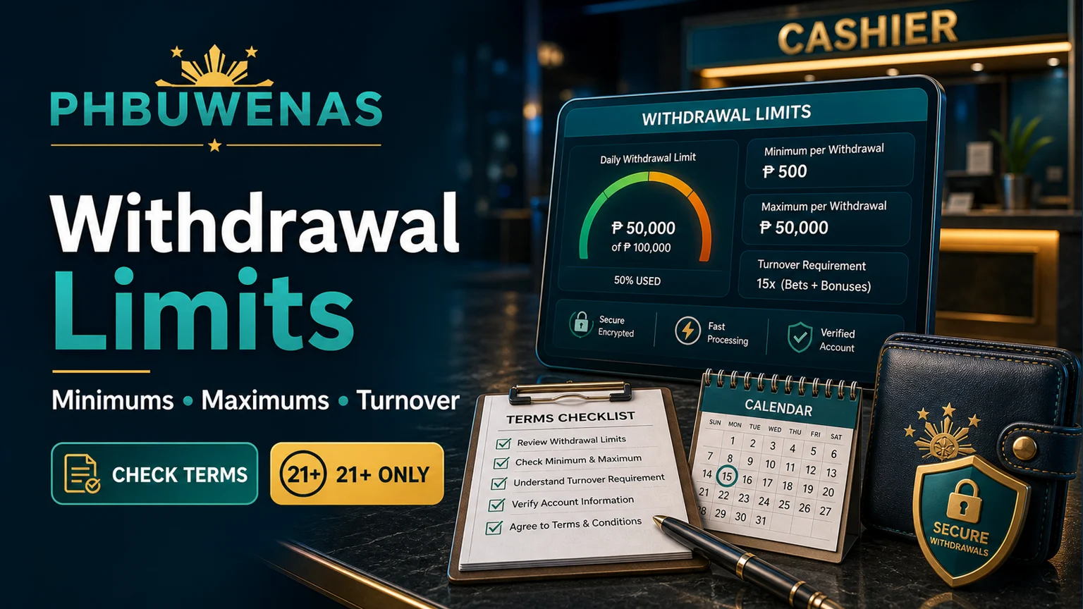 Illustration reading Withdrawal Limits with minimum maximum turnover timing checklist and shield icons