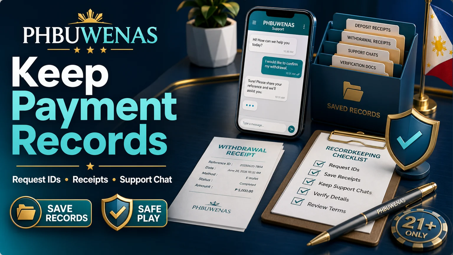 Illustration reading Keep Payment Records with receipts request IDs support chat and shield icons