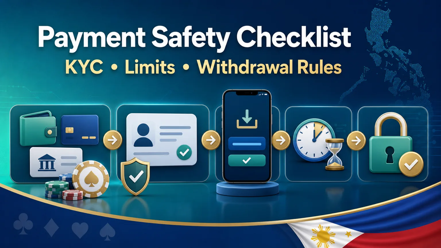 Illustration reading Payment Safety Checklist with KYC, limits, withdrawal rules, secure wallet, ID verification, timer, and lock icons