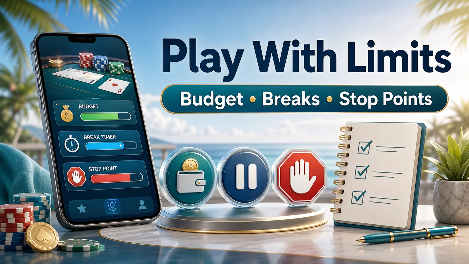 Illustration reading Play With Limits with budget meter, break timer, stop point controls, pause icon, and responsible gaming checklist