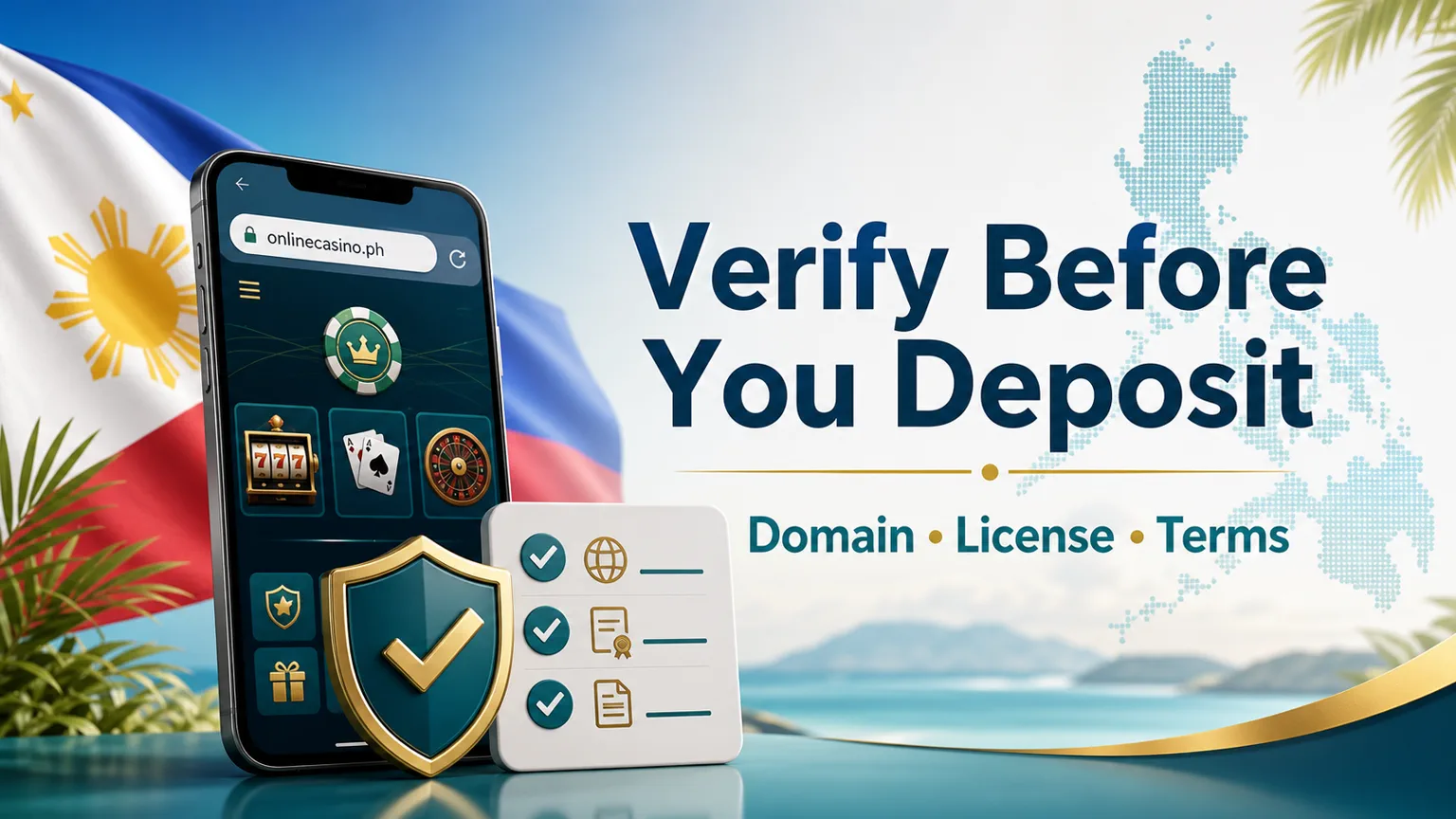 Illustration reading Verify Before You Deposit with a smartphone, security shield, checklist, and Philippines map for domain license and terms checks