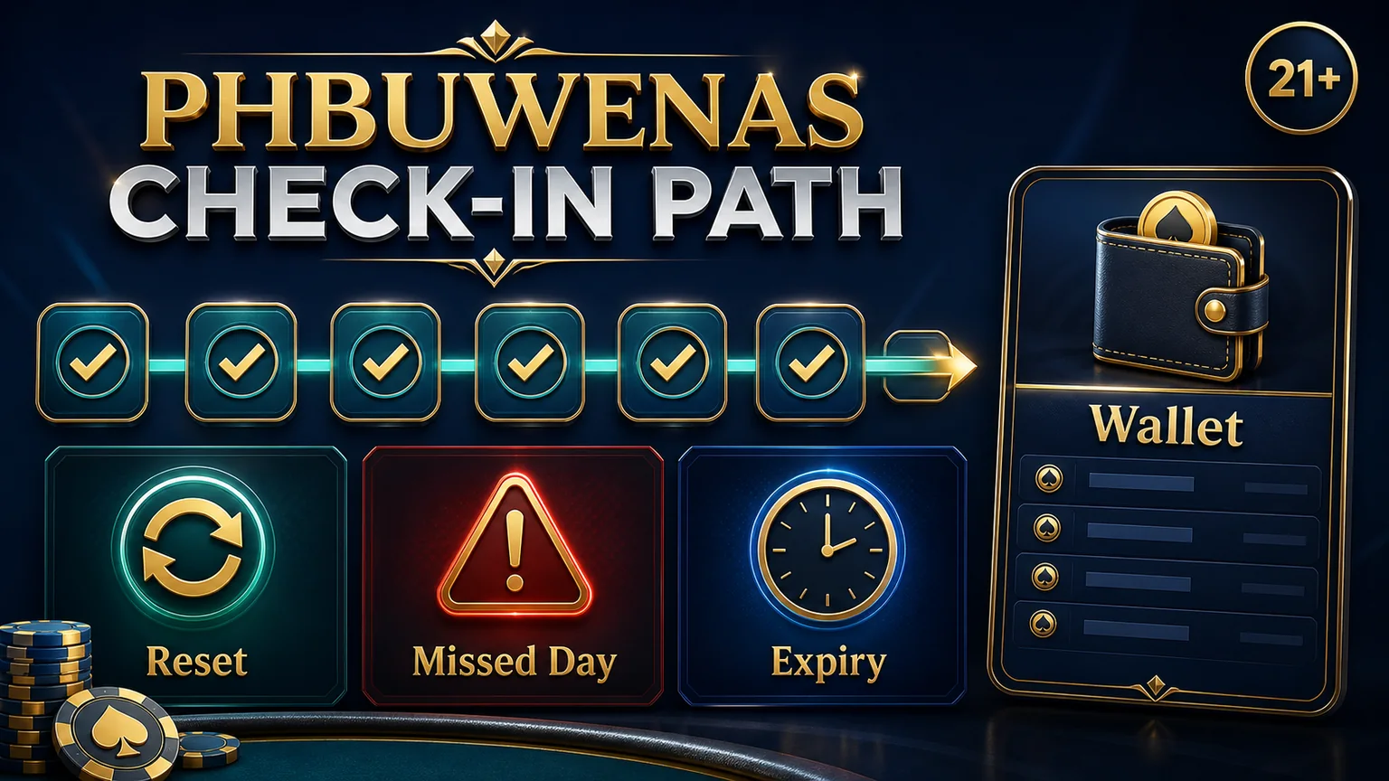 PHBUWENAS seven day login check in path image with reset missed day expiry wallet and 21 plus reminder