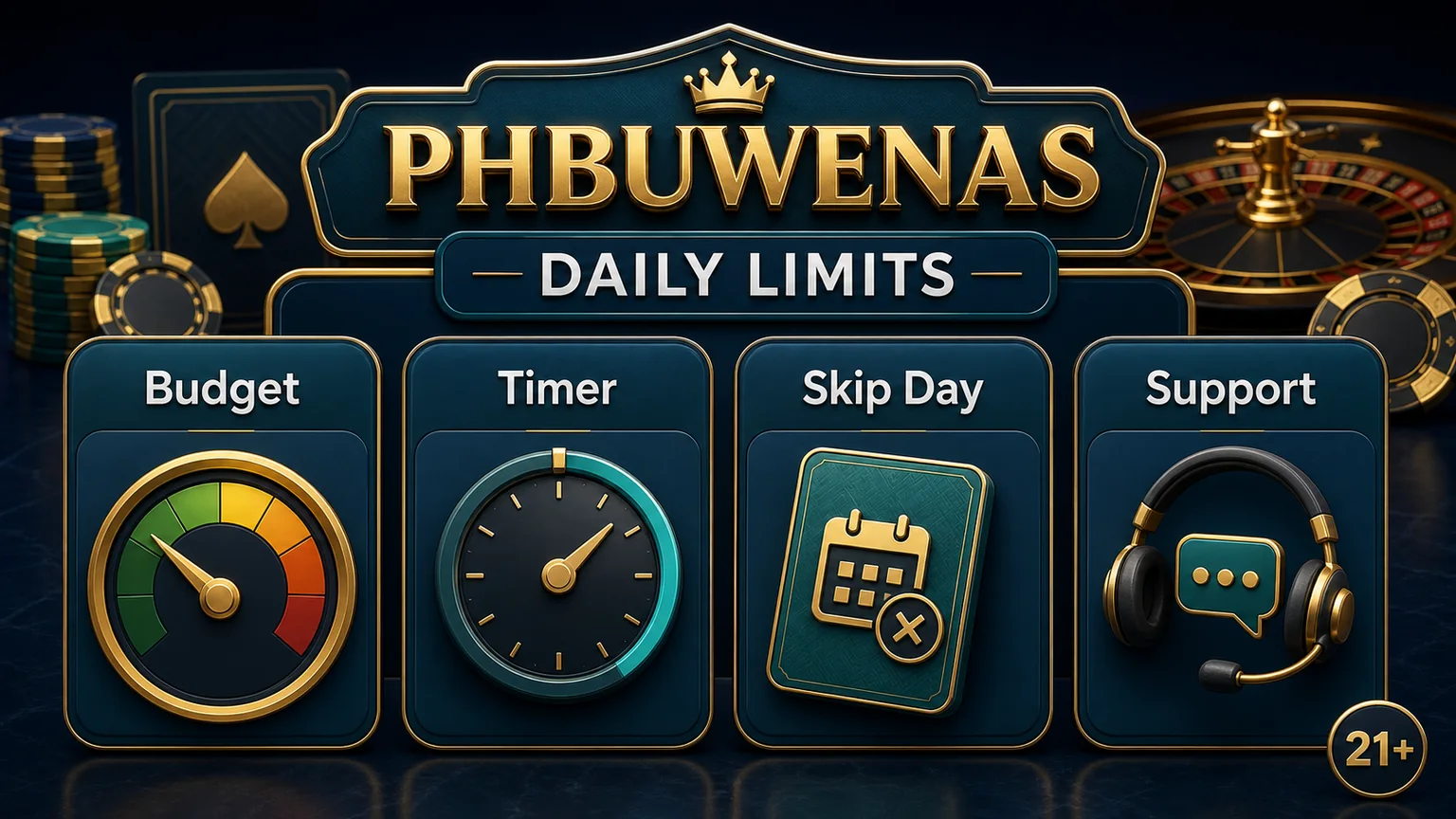 PHBUWENAS seven day login daily limits image with budget timer skip day support and 21 plus reminder