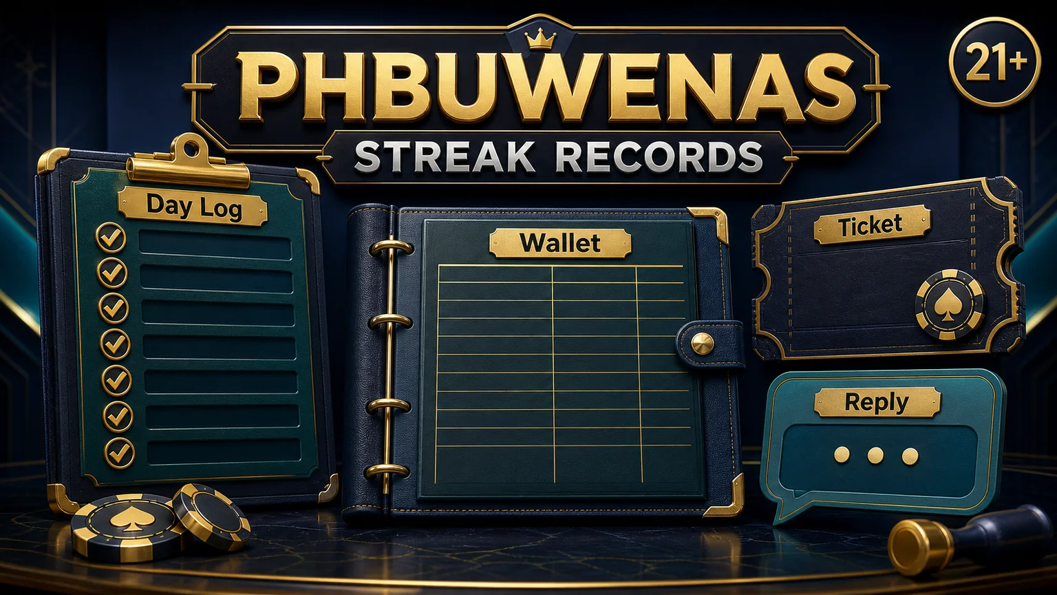 PHBUWENAS seven day login streak records image with day log wallet ticket reply and 21 plus reminder