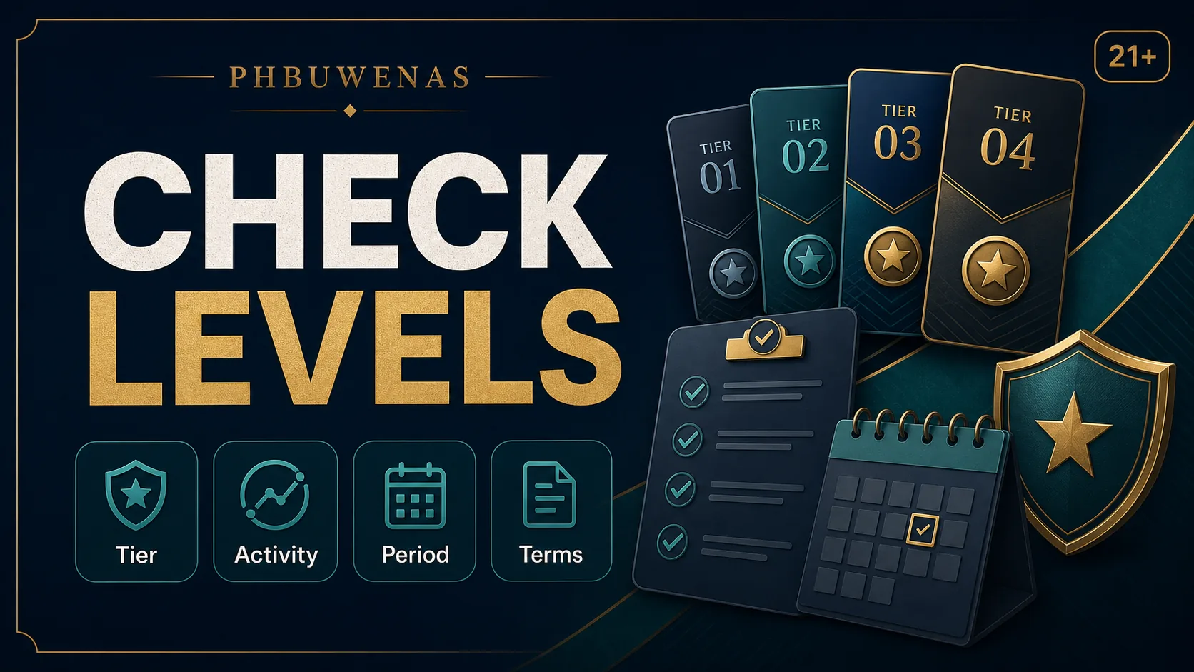 PHBUWENAS VIP check levels image showing tier activity period terms and 21 plus badge