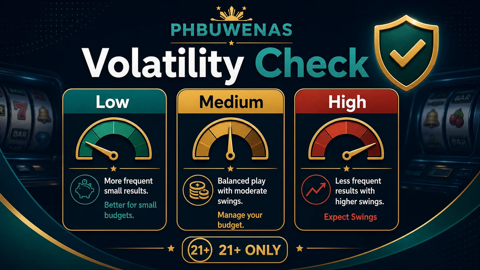 Illustration reading Volatility Check with low medium high and expect swings labels